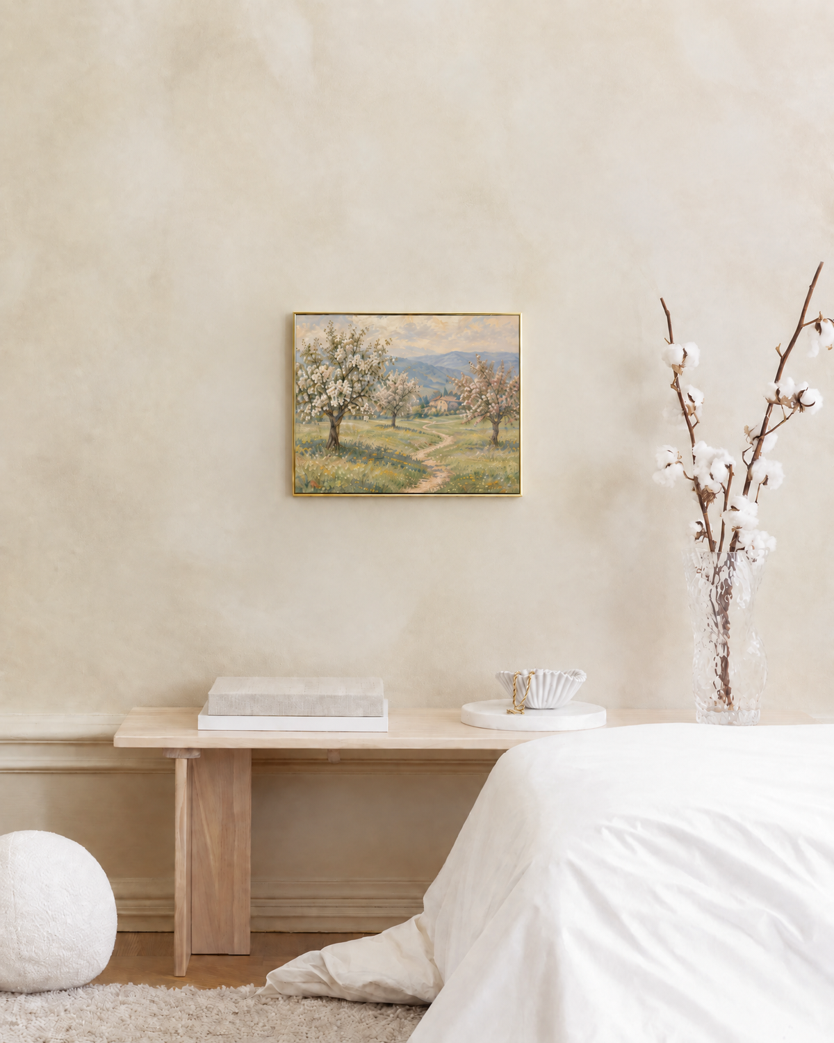 Poster in een interieur: Schilderachtig lentelandschap met bloeiende bomen, een slingerend pad en verre heuvels