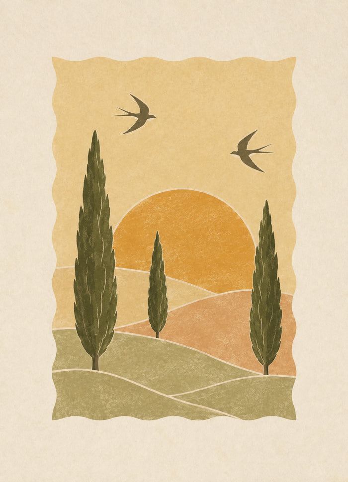 Cipressen in de Zon – Landschap Illustratie Poster