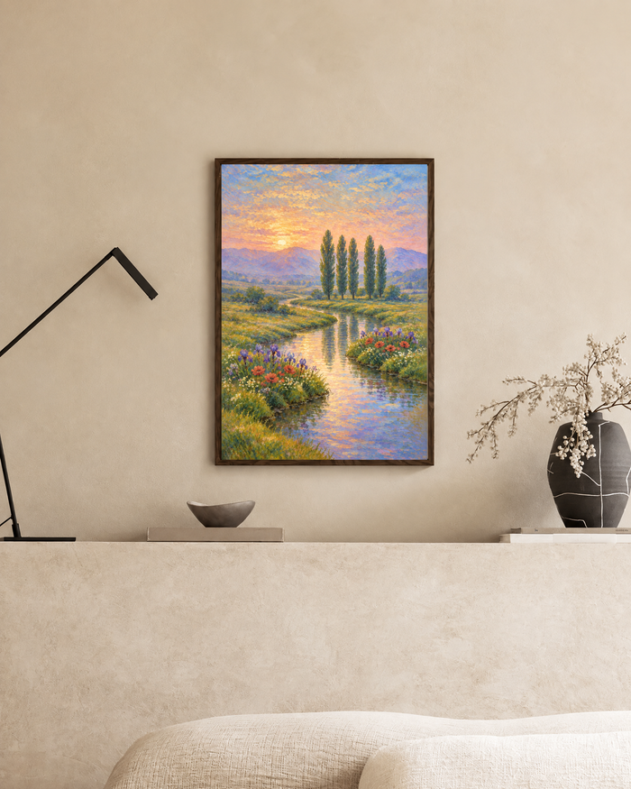 Poster in een interieur: Impressionistisch landschap met hoge bomen, bloemen en een waterloop in gouden avondlicht