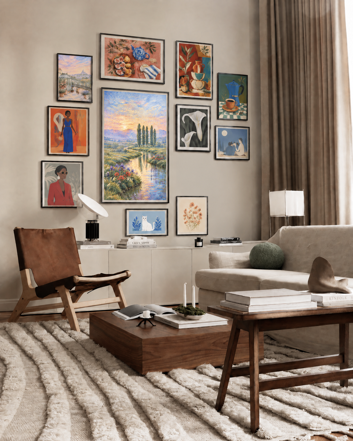 Poster in een interieur: Impressionistisch landschap met hoge bomen, bloemen en een waterloop in gouden avondlicht