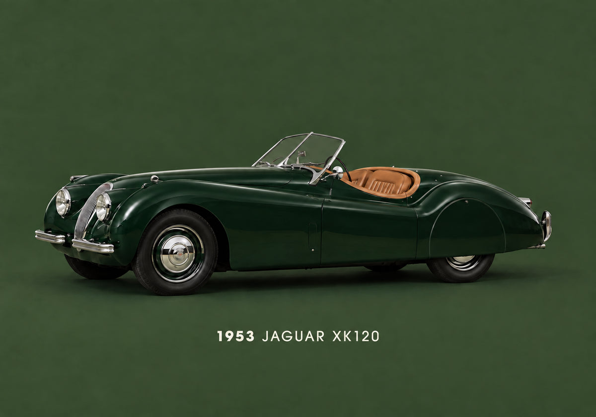 Kunstwerk: Donkergroene Jaguar XK120 met de tekst 1953 JAGUAR XK120 tegen een groene achtergrond