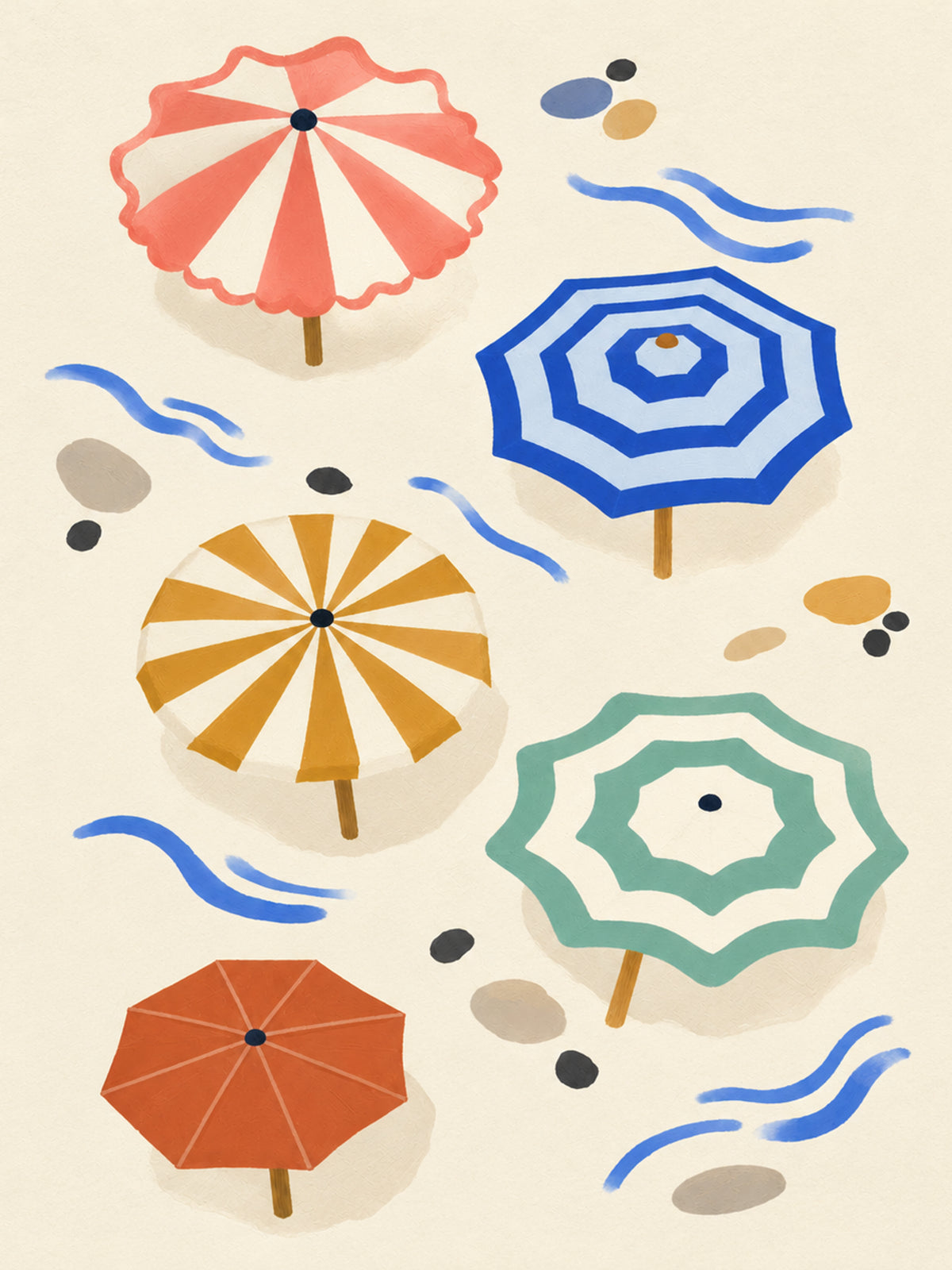 Kunstwerk: Bovenaanzicht van vijf kleurrijke parasols met blauwe golflijnen op een crèmekleurige achtergrond