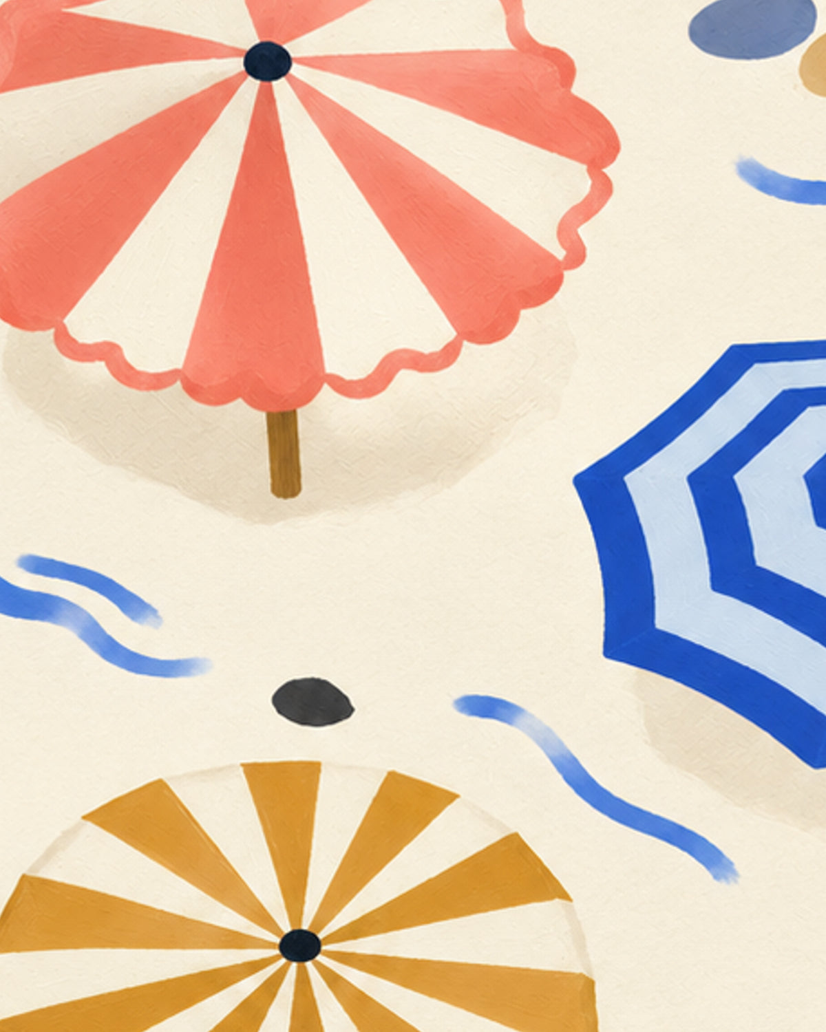 Detail van de poster: Bovenaanzicht van vijf kleurrijke parasols met blauwe golflijnen op een crèmekleurige achtergrond