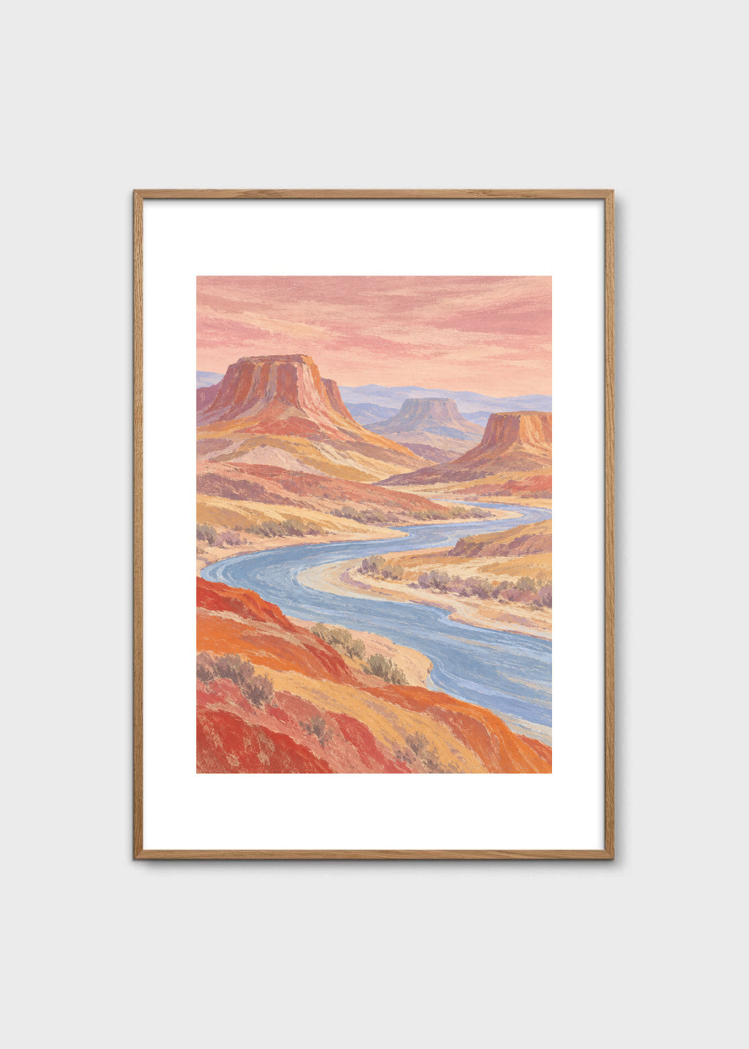 Ingelijste poster: Geschilderde blauwe rivier tussen tafelbergen en canyonhellingen in terracotta, oker en lila