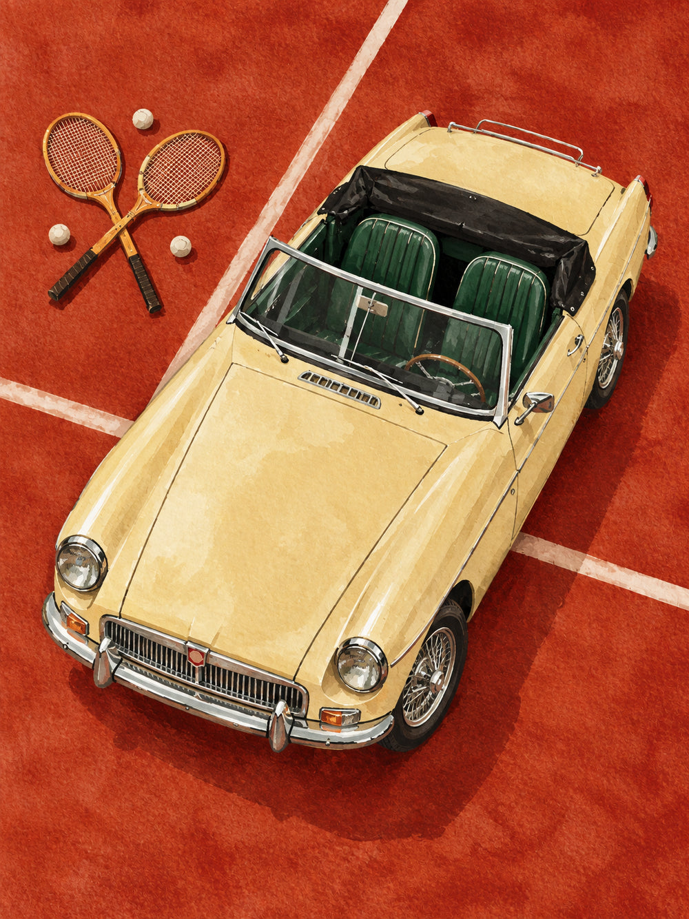 Kunstwerk: Geschilderde crèmekleurige roadster met groene stoelen, houten rackets en tennisballen op rood gravel