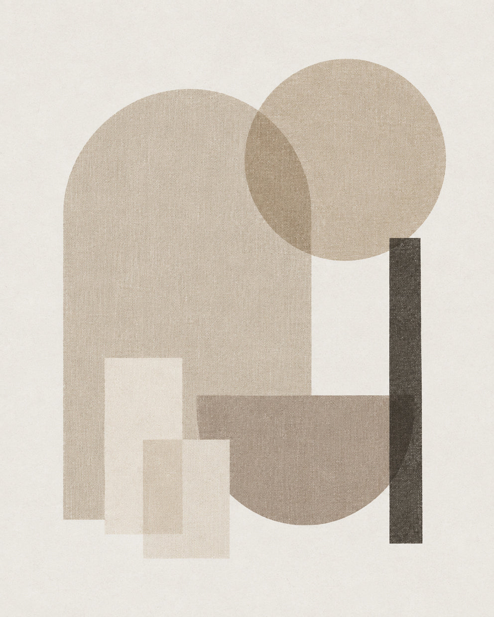 Kunstwerk: Abstracte beige compositie met een boog, cirkel, halve komvorm en donkere verticale lijn