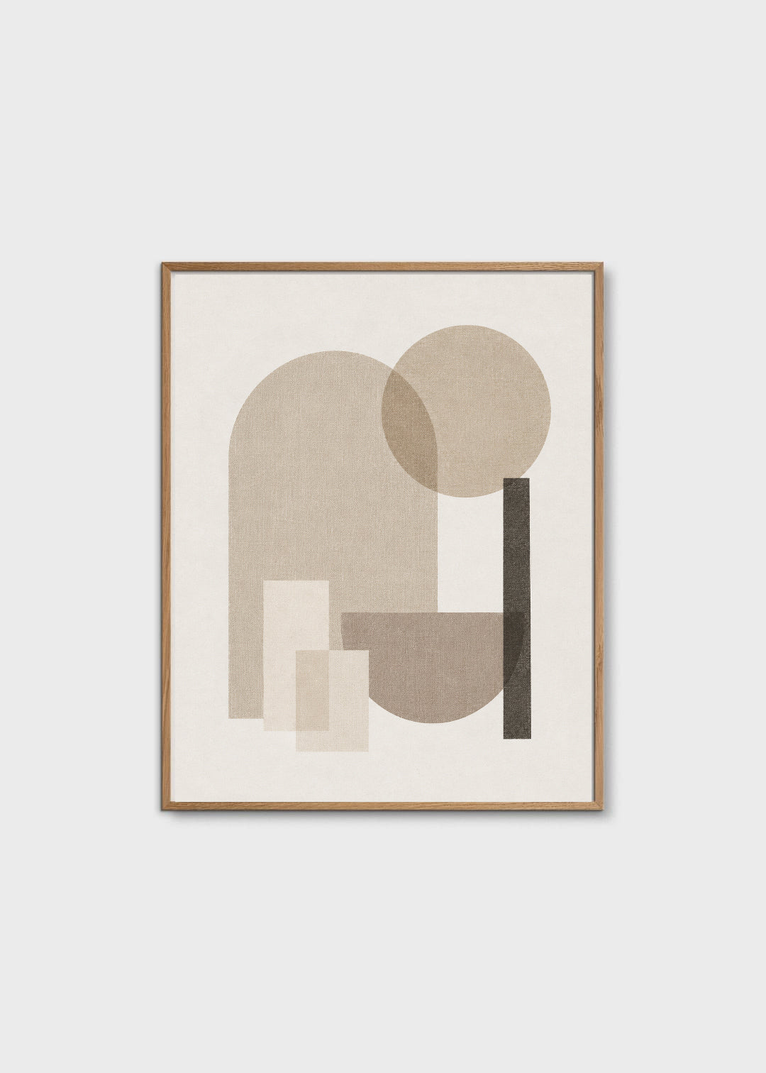 Ingelijste poster: Abstracte beige compositie met een boog, cirkel, halve komvorm en donkere verticale lijn